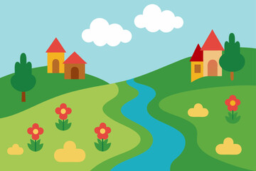 small creek running through flower filled villag