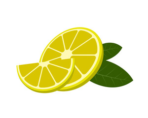 Lemon slices with green leaves on white background, perfect for food, freshness, summer, or citrus-themed stock content.