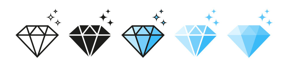 Diamond icons progressing from outline to filled blue, symbolizing increasing clarity, quality, or value, with sparkles enhancing the premium feel.