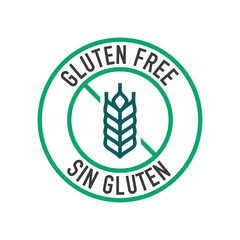Gluten-free label design with crossed wheat icon, bilingual “GLUTEN FREE / SIN GLUTEN” text in green circle, suitable for healthy food packaging.