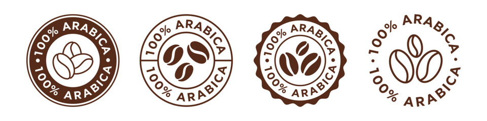 100% Arabica Coffee Beans Vector Sign. Caffeine Stickers.