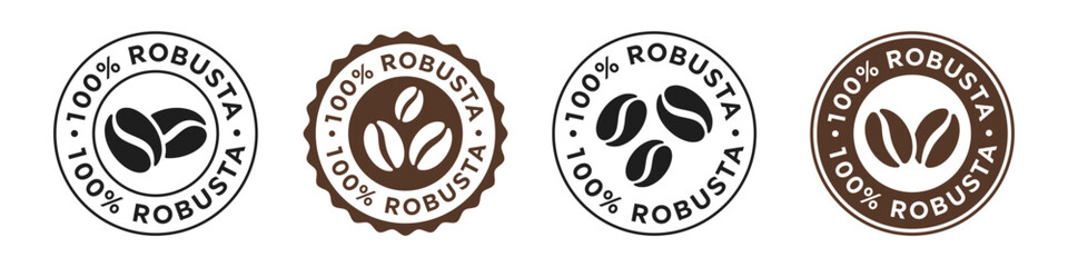 100% Robusta Coffee Beans Vector Sign. Caffeine Stickers.