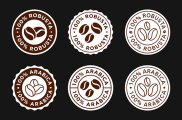 100% Robusta and Arabica Coffee Beans Vector Sign. Caffeine Stickers.