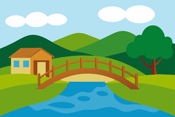 wooden bridge over a stream in a tranquil village
