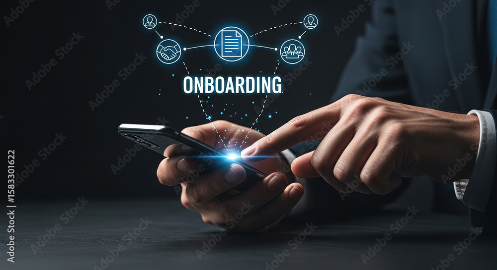 Poster modern onboarding process concept: businessman using smartphone for new employee integration, digita