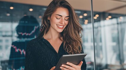 Confident Businesswoman Analyzing Data on Tablet in Modern Office - Powered by Adobe