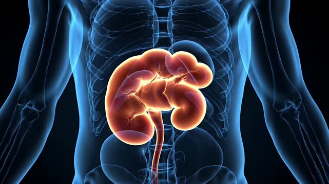 Detailed 3D Render of Human Kidney with Vibrant Orange Glow in Translucent Body for Medical Visualization and Education