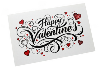 A handwritten happy valentines day card with hearts and swirls isolated on transparent background