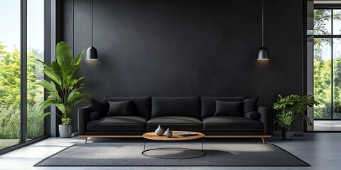 Modern minimalist living room with luxurious black sofa set