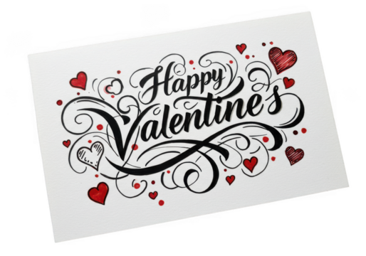 A handwritten happy valentines day card with hearts and swirls isolated on transparent background