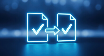 Secure Data Transfer Neon Concept: Digital File Sharing, Data Migration, and Cloud Computing with Checkmarks on Blue Background
