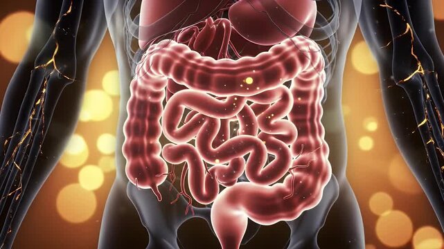 Detailed Anatomically Accurate Human Colon Visualization Inside Translucent Body with Bokeh Lights Background