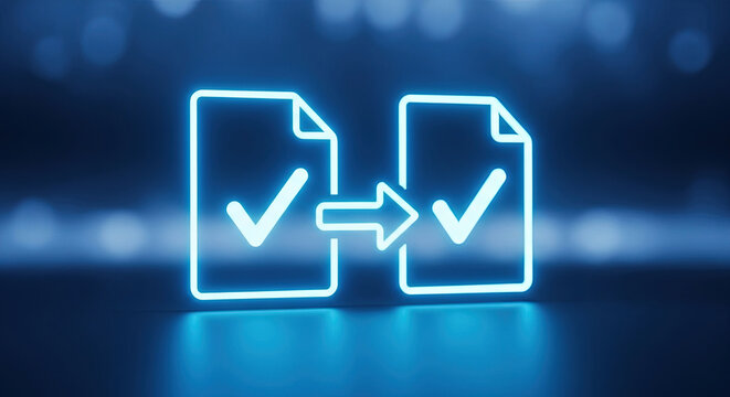 Secure Data Transfer Neon Concept: Digital File Sharing, Data Migration, and Cloud Computing with Checkmarks on Blue Background