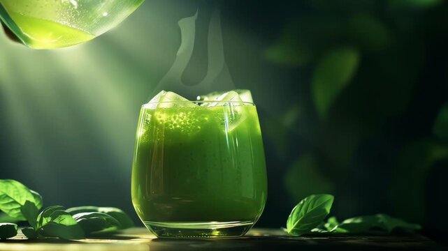 A glass of green liquid is poured into a glass. The liquid is green and he is a type of juice