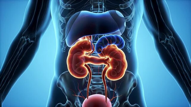 Detailed Medical Visualization Of Human Anatomy Focusing on Kidney Liver and Bladder in Light Blue Background Ideal for Medical Training