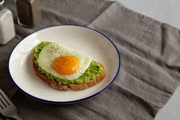 Homemade Avocado Toast with Egg on a Plate, side view. Copy space.