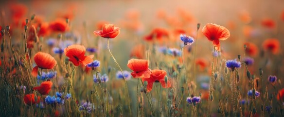 Fototapeta premium The vibrant poppy field blooming with colorful wildflowers and natural beauty.