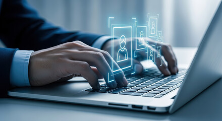 Modern HR Technology: Man Using Laptop for Recruitment and Talent Acquisition with Digital Candidate Profiles. Streamlined Hiring Process Concept.