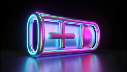 Iridescent Neon Battery Icon with Vibrant Plus Charge on Dark Tech Background