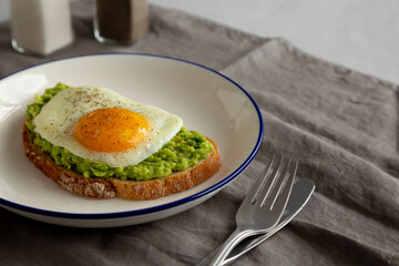 Homemade Avocado Toast with Egg on a Plate, side view.