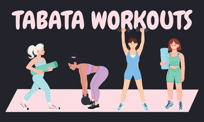 Women Doing Tabata Workouts with Weights and Yoga Mats Illustration