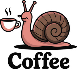 Cute Snail Cartoon Character Enjoying Coffee;  Whimsical, Fun, Coffee Shop Branding Illustration