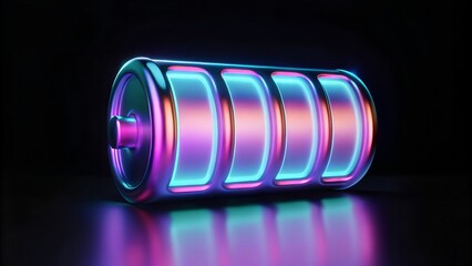 Iridescent Neon Battery with Vibrant Purple and Blue Glow on Dark Tech Background