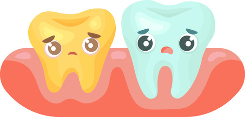 Sad and Worried Decayed Teeth Characters in the gums. Dental Problem and Sickness Illustration