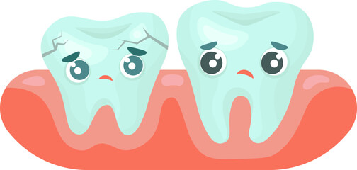 Two sad teech characters. Cracked tooth element in the gums
