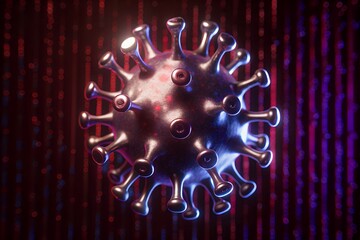 Iridescent Neon Virus Model with Vibrant Red and Purple Glow on Dark Sci-Fi Background