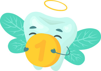 Tooth Fairy Character with a Halo and Wings, holding a Coin