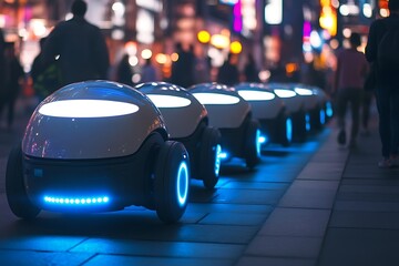 A row of cute little robot cars with blue LED lights are racing past pedestrians and buildings on empty city streets.