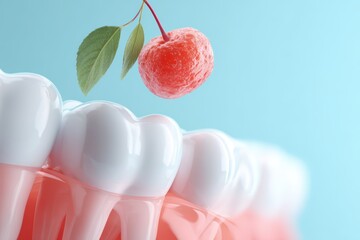 3D-rendered healthy teeth with pink gums and cherry, soft blue background, oral care concept illustration.