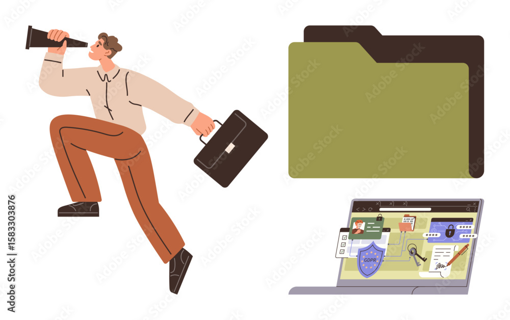 Poster man with briefcase looking through a telescope, laptop with digital security dashboard, green folder