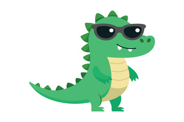 A little crocodile using black sunglasses on white background