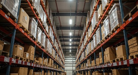 Fototapeta premium Warehouse Storage with Shelves Full of Cardboard Boxes in Industrial Facility