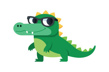 Obraz premium A little crocodile using black sunglasses on white background