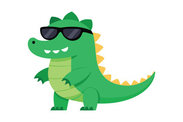 Obraz premium A little crocodile using black sunglasses on white background