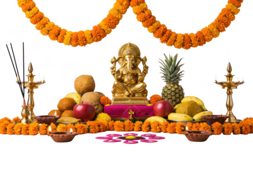Ganesha idol with offerings isolated on transparent background for diwali festival - Powered by Adobe