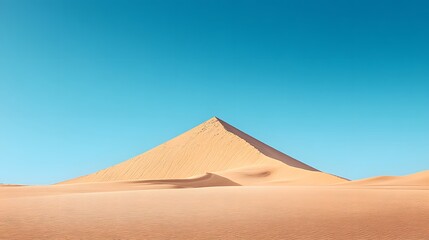 An arid desert landscape stretches out under a clear blue sky, with a solitary sand dune rising to a pointed peak in the warm sunlight of the day's heat.