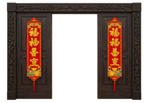 Ornate chinese new year door isolated on transparent background