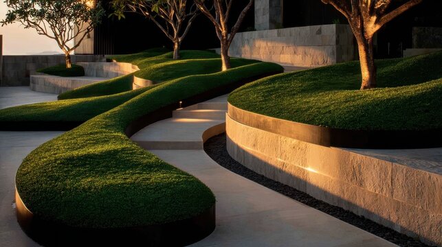 Sunlight bathing contemporary rooftop garden with sweeping green lawns, metallic borders, winding paths, transforming urban space into peaceful green sanctuary - Powered by Adobe