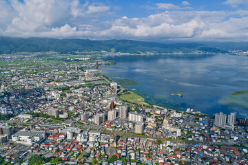 Aerial View of Suwa City and Lake Suwa on a Partly Cloudy Summer Day