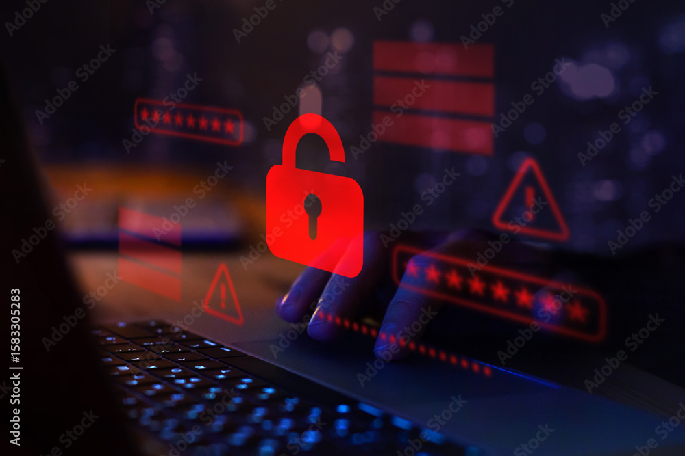 Wall mural hacker attack. security alert, system hacked, internet cyber attack concept with red broken padlock,