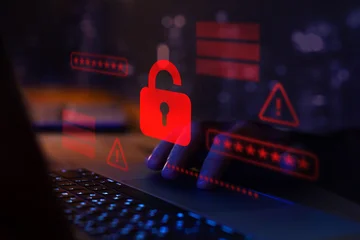 Hacker attack. Security alert, system hacked, internet cyber attack concept with red broken padlock, cybersecurity. Compromised password. © Song_about_summer