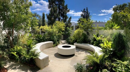 Verdant landscape encircling stone fire pit with curving wooden benches, offering serene outdoor gathering space beneath expansive blue sky and lush foliage