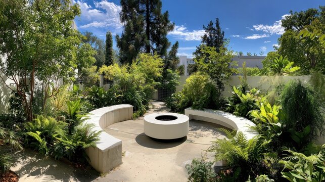 Verdant landscape encircling stone fire pit with curving wooden benches, offering serene outdoor gathering space beneath expansive blue sky and lush foliage