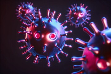 Futuristic Neon Virus Models with Vibrant Pink and Blue Glowing Spiked Structures