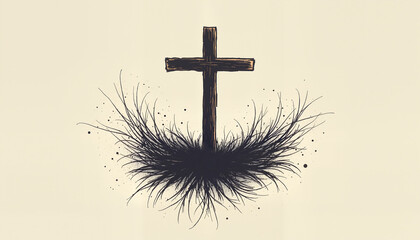 Cross surrounded by grass and splashes of ink
