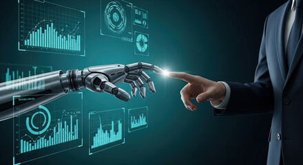 AI Integration: Human and Robot Hand Touching with Data Visualization. Futuristic Technology, Artificial Intelligence, Machine Learning, and Automation.